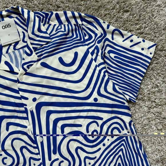 OAS Viscose Eldovado Geometric Blue White Button Up SS Shirt Men’s Size XL - Picture 6 of 7